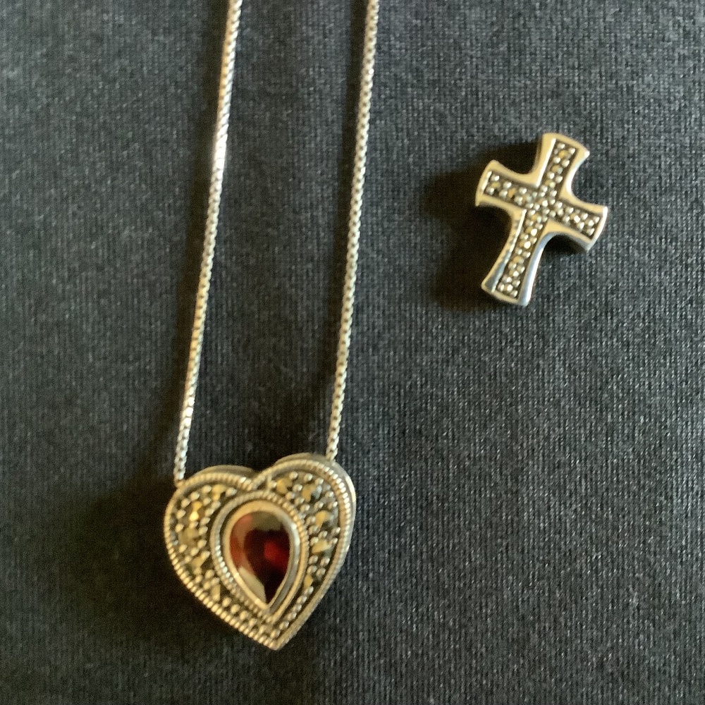 Set of Sterling Marcasite Pendants and Sterling Box Chain